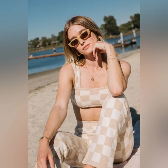 Belle the Label Checkered Knit Crop Top and Pant in Sand - Picture 5 of 14